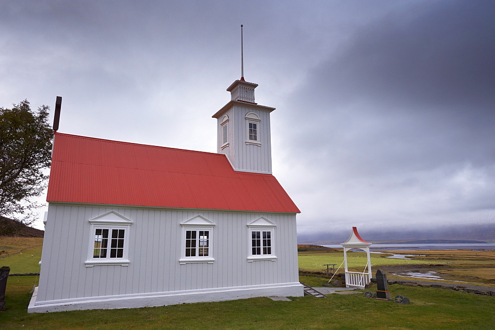 Laufas historic farmstead, the present church built in 1865, north of Akureyri, Iceland, Polar Regions