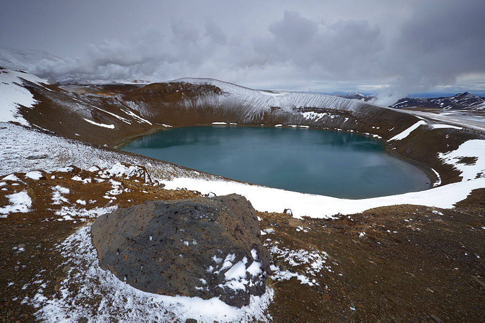 Crater lake Viti in winter, on Krafla volcano, Krafla geothermal area near Lake Myvatn, north Iceland, Iceland, Polar Regions