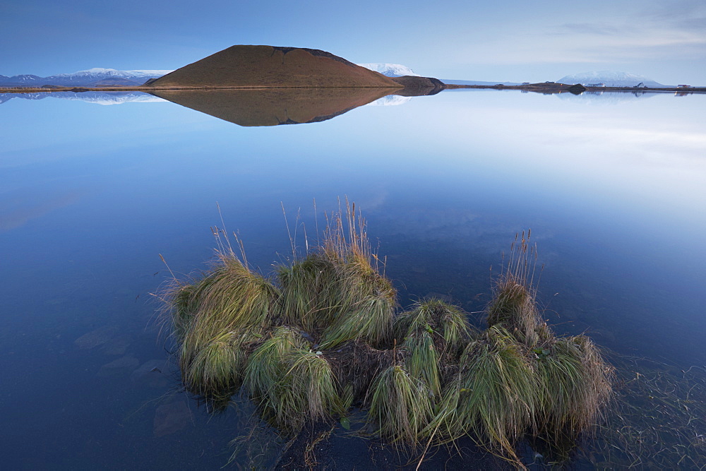 Shores of Lake Myvatn at dusk, fine pseudo-crater in the distance, near Skutustadir, Myvatn, northern area, Iceland, Polar Regions