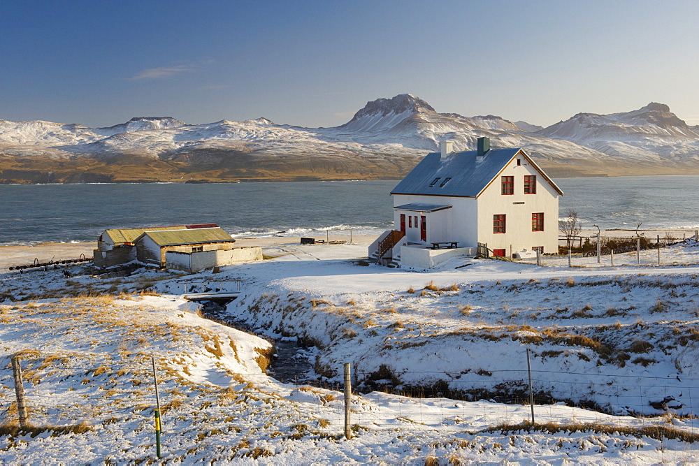 Farm in Borgarfjordur Eystri fjord, Mount Burfell, 464m, on east shore of Borgarfjordur in the distance, East Fjords, Iceland, Polar Regions