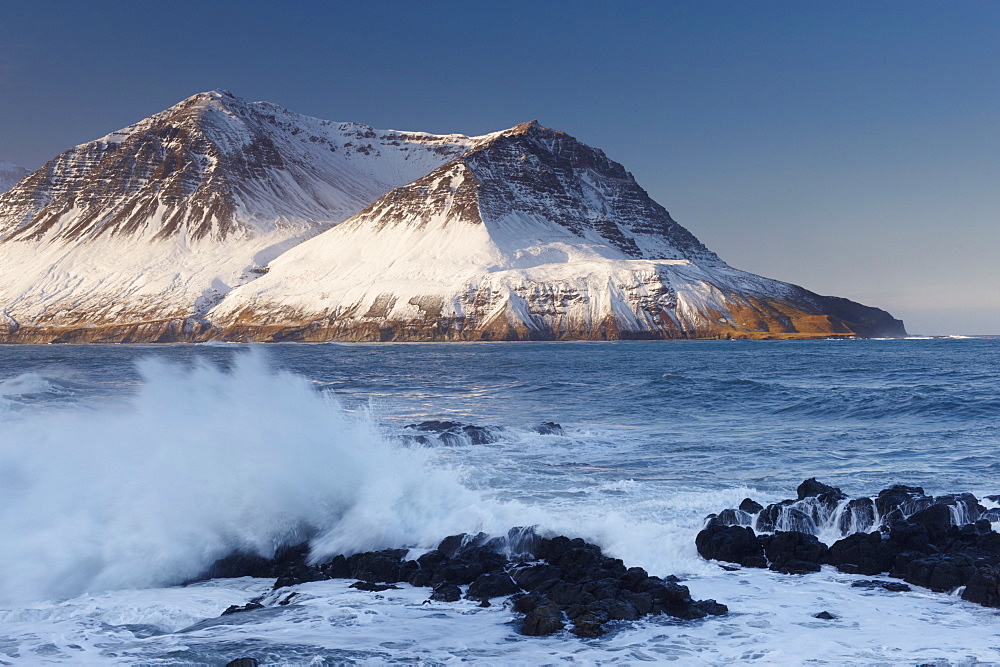 View across Njardvik Bay, with Tdarfjall and Skjaldarfjall mountain tops visible, Borgarfjordur Eystri fjord, East Fjords area, Iceland, Polar Regions