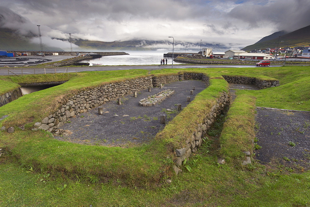 Viking longhouse dating from the 10th century, archaeological site of Toftanes, village of Leirvik, Eysturoy Island, Faroe Islands (Faroes), Denmark, Europe