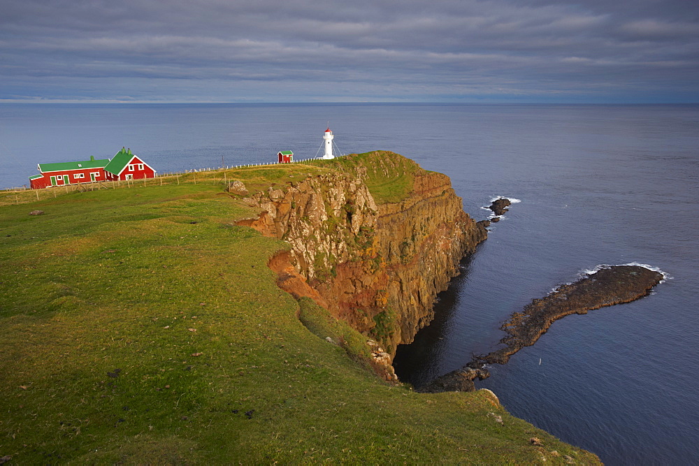 Akraberg lighthouse, Suduroy island, southernmost point of Faroe Islands (Faroes), Denmark, Europe