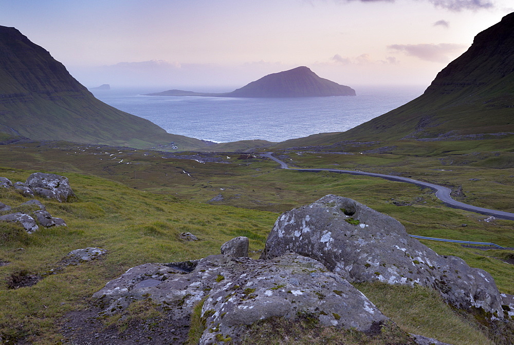 Koltur Island from the pass over Nordradalur, Streymoy, Faroe Islands (Faroes), Denmark, Europe