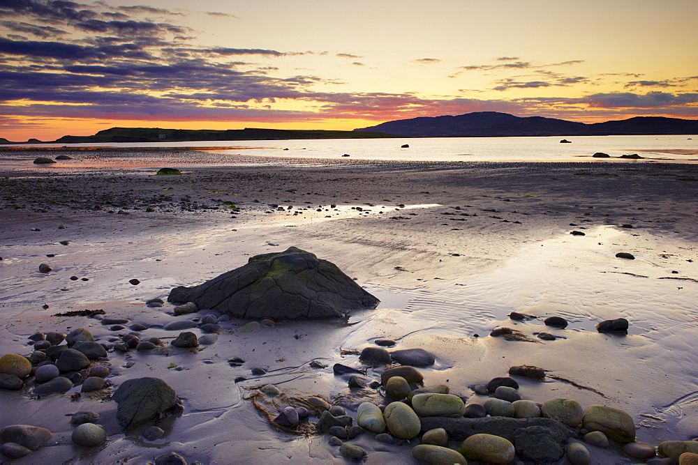 Sunset on Loch na Keal and Inch Kenneth island, Isle of Mull, Inner Hebrides, Scotland, United Kingdom, Europe