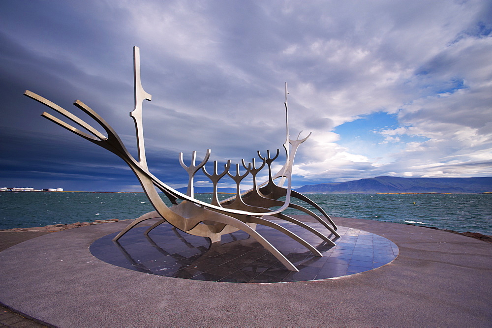 Solfar (Sun Voyager), iconic stainless-steel modern sculpture representing a Viking longboat by Jon Gunnar Arnason, Saebrot Avenue, Reykjavik, Iceland, Polar Regions