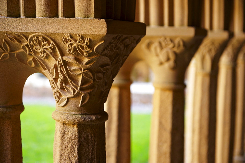 Finely carved capitals in the Cloisters, Iona Abbey, Isle of Iona, Scotland, United Kingdom, Europe