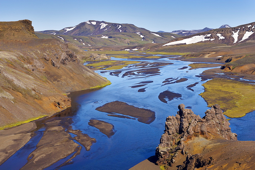 Landscape of the interior from the F-208 route (Fjallabak route north, Nyrdri-Fjallabak) between Holaskjol and Landmannalaugar, south Iceland (Sudurland), Iceland, Polar Regions