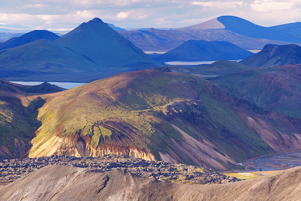 Laugahraun lava field seen from the slopes of Blahnukur, Landmannalaugar area, Fjallabak region, Iceland, Europe