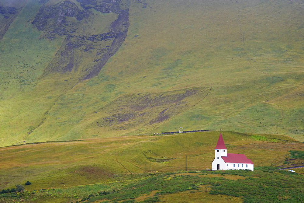 Church at Vik (Vik a Myrdal), south coast of Iceland (Sudurland), Iceland, Polar Regions