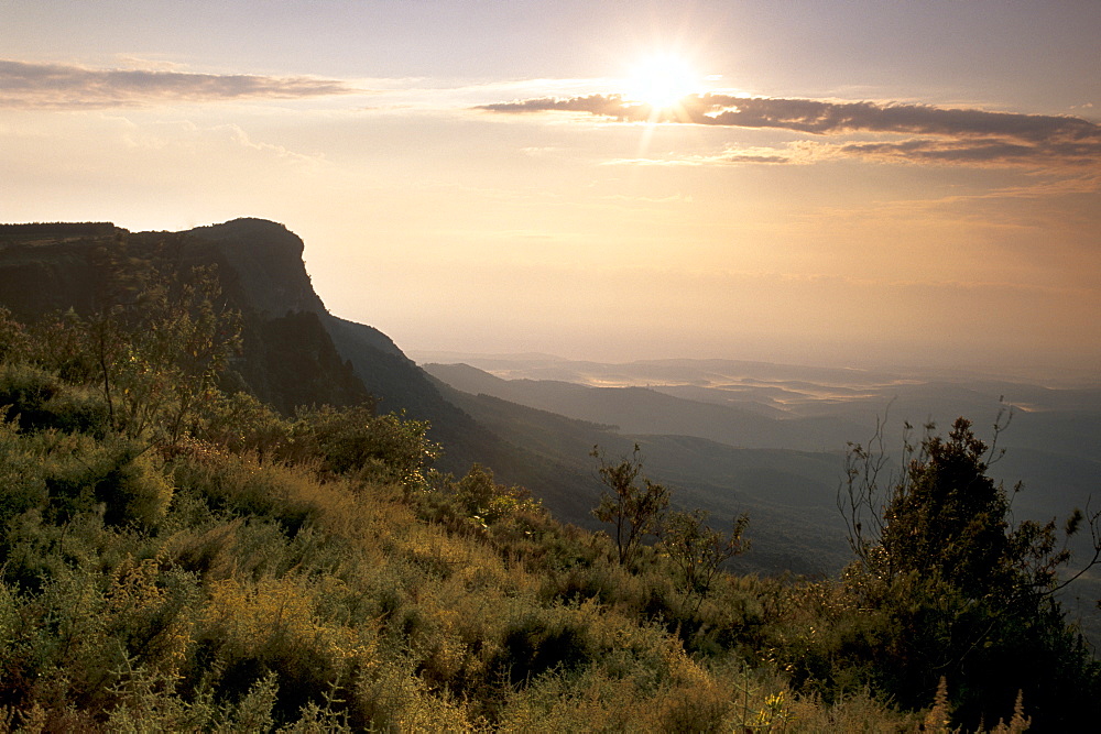 Sunrise over escarpment cliffs near God's Window, near Graskop, along Blyde River Canyon, Mpumalanga, South Africa, Africa