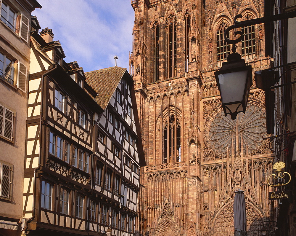 West front of Notre-Dame Gothic cathedral, from Rue Merciere, UNESCO World Heritage Site, Strasbourg, Alsace, France, Europe