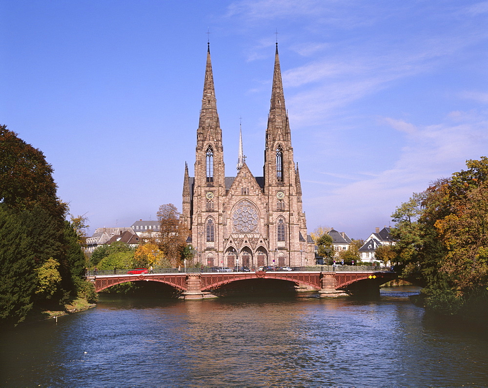 St. Paul's Church, beautifully situated over River Ill, a neo-gothic edifice built in 1889 under German rule, Strasbourg, Alsace, France, Europe