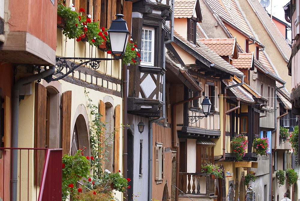 Street in the heritage village of Eguisheim, Alsatian Wine Road, Haut Rhin, Alsace, France, Europe