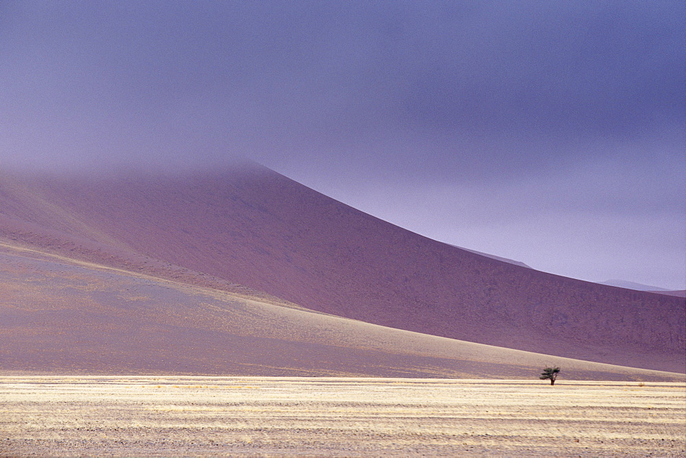 Early morning mist on red sand dunes which are up to 300m high, Sossusvlei valley, Namib-Naukluft Park, Namibia, Africa