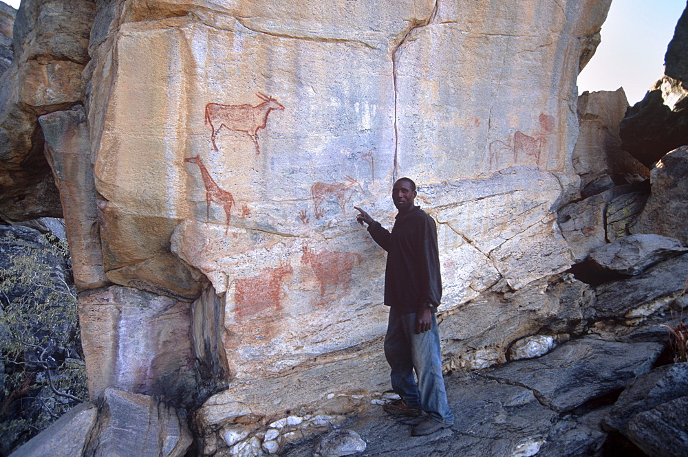 Hambukushu guide in front of famous Laurens Van der Post panel of rock art, Tsodilo Hills, UNESCO World Heritage Site, Ngamiland, Botswana, Africa