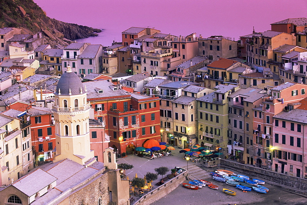 Vernazza village and harbour at dusk, Cinque Terre, UNESCO World Heritage Site, Liguria, Italy, Europe