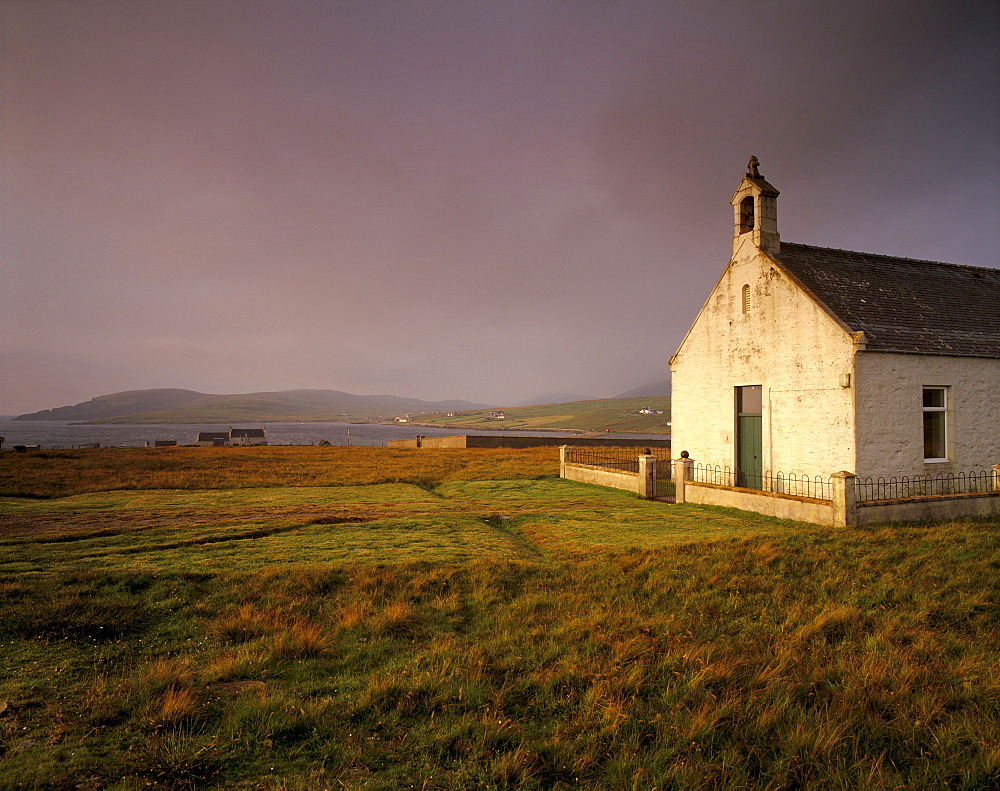 Church at North Roe in morning light, Northmavine, Shetland Islands, Scotland, United Kingdom, Europe