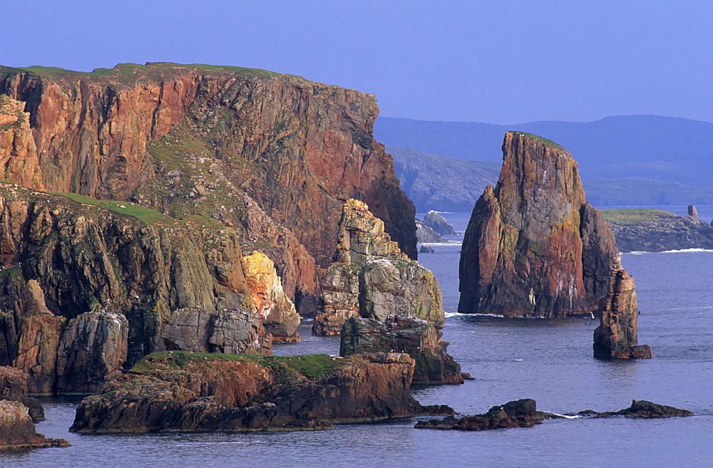 Stoura Pund cliffs and stacks of red sandstone, Eshaness, Northmavine, Shetland Islands, Scotland, United Kingdom, Europe