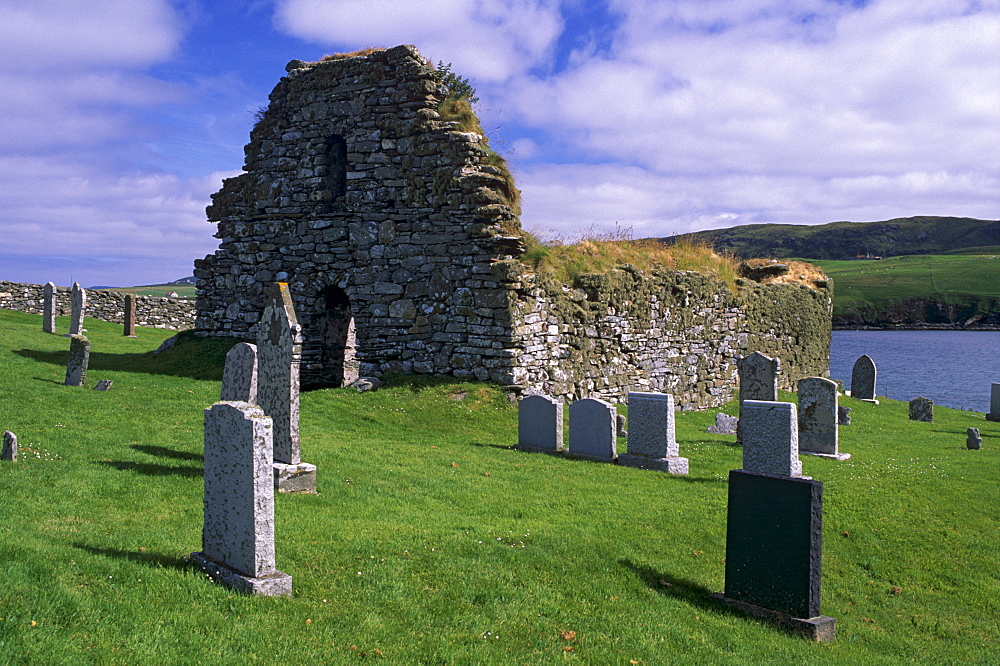 St. Olaf's Norse church, Lunda Wick, built around 1200 and still used in 1785, graveyard has two memorial stones for Bremen merchants, who died in the 16th-century, Unst, Shetland Islands, Scotland, United Kingdom, Europe 