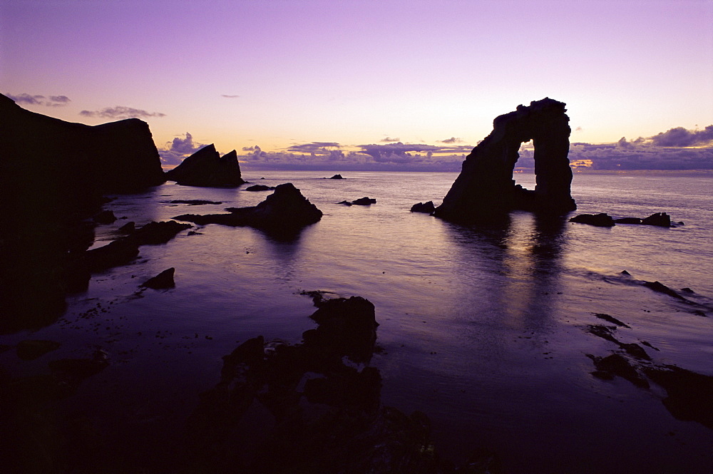 Gaada Stack, a natural arch 45m high, Foula Island, Shetland Islands, Scotland, United Kingdom, Europe