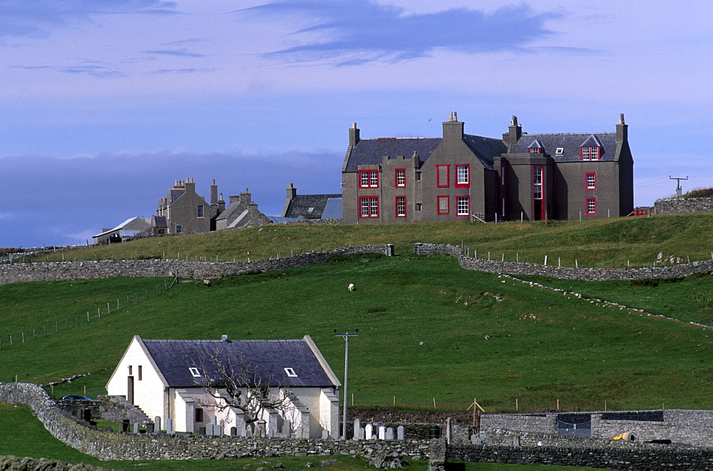 Lunna House, Norwegian headquarters during World War II for Shetland Bus operations, and Lunna kirk, Lunna Ness, North Mainland, Shetland Islands, Scotland, United Kingdom, Europe