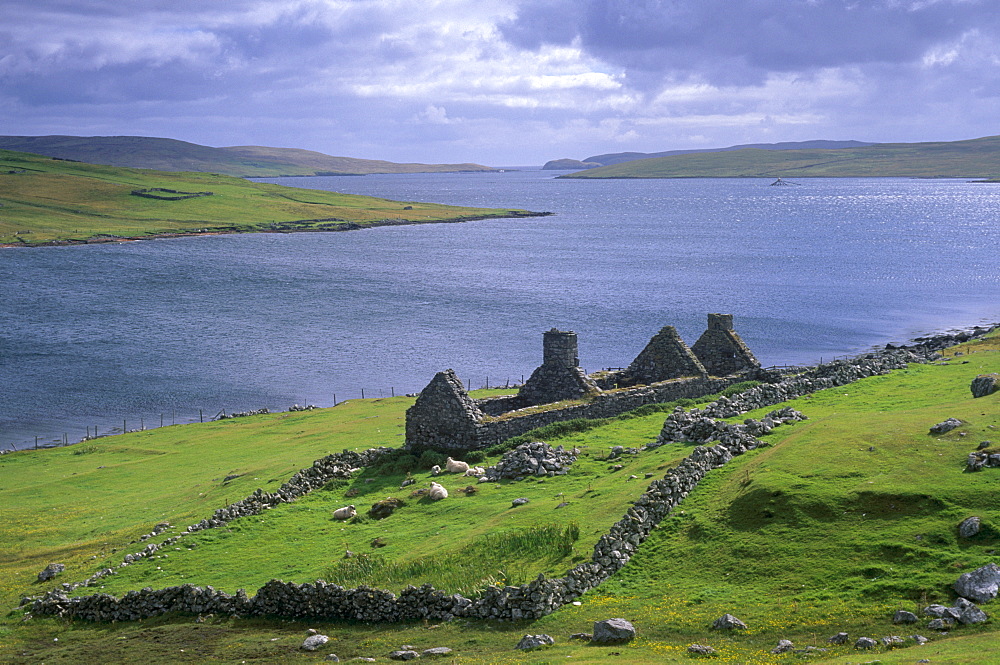 Ruined crofthouse and loch, West Mainland, Shetland Islands, Scotland, United Kingdom, Europe