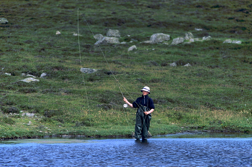 Fly fishing for trout in a loch, Shetland Islands, Scotland, United Kingdom, Europe