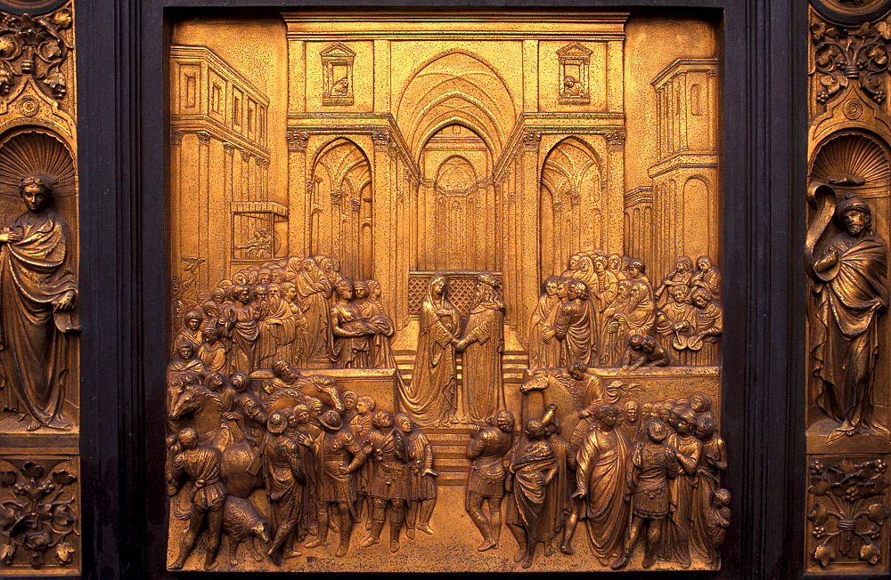 Gates of Paradise, bronze replica, by Lorenzo Ghiberti (1378-1455), scenes of the Old Testament, east door of the Baptistery near the Duomo, Florence (Firenze), Tuscany, Italy, Europe