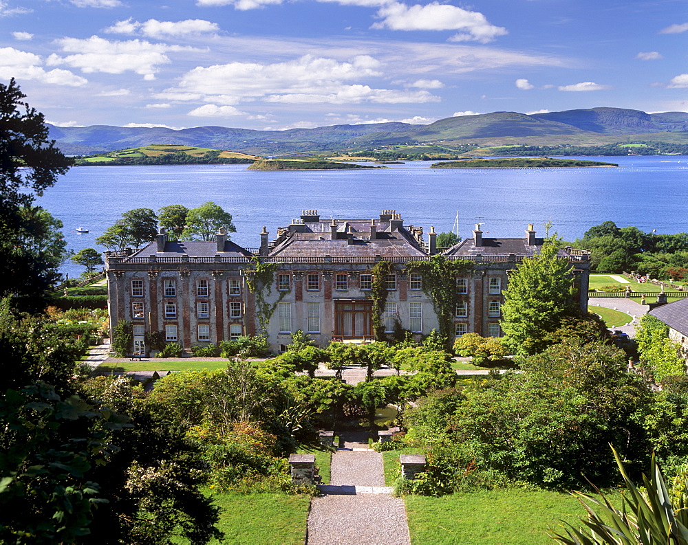 Bantry House dating from 1720, and Italian gardens, Bantry Bay behind, Bantry, County Cork, Munster, Republic of Ireland, Europe