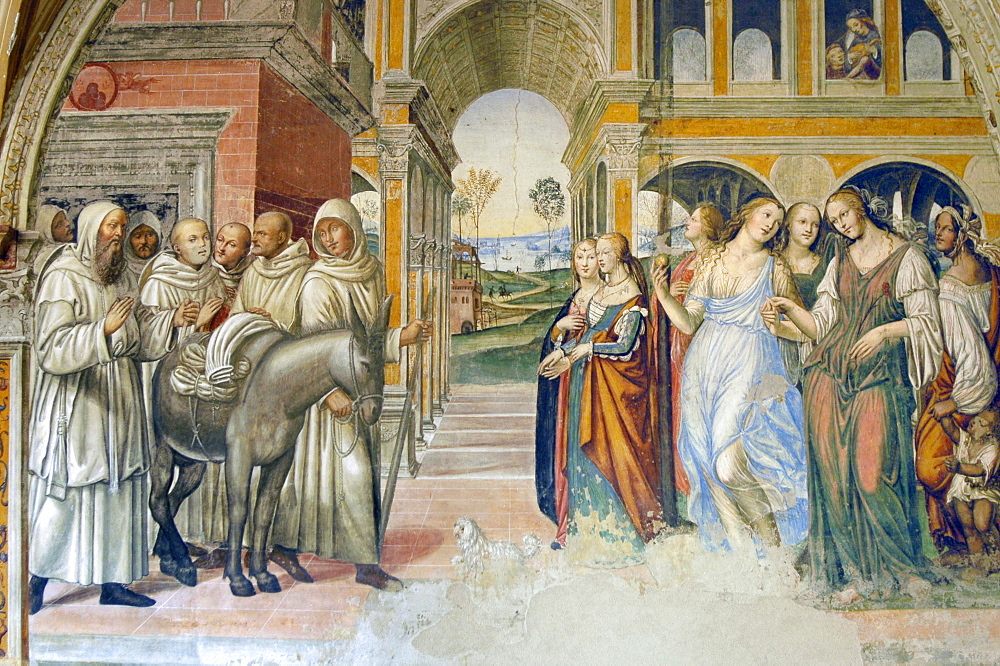 Frescoes in cloister by High Renaissance painter Il Sodoma (Giovanni Antonio Bazzi) painted between 1505 and 1508, of the life of St. Benedict (San Benedetto) showing him driving off bad women brought in by Florent. Chiusure, Monte Oliveto Maggiore Abbey, Tuscany, Italy, Europe