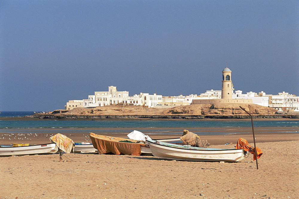 Beach and town, Sur, Oman, Middle East