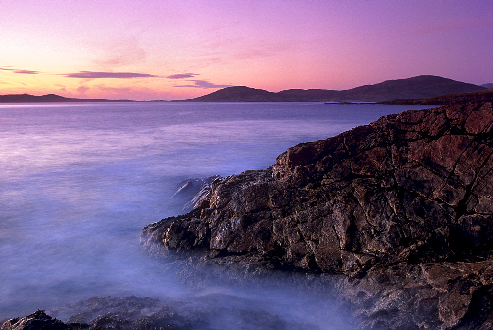 Sunset over Sound of Taransay, west coast of South Harris, Outer Hebrides, Scotland, United Kingdom, Europe