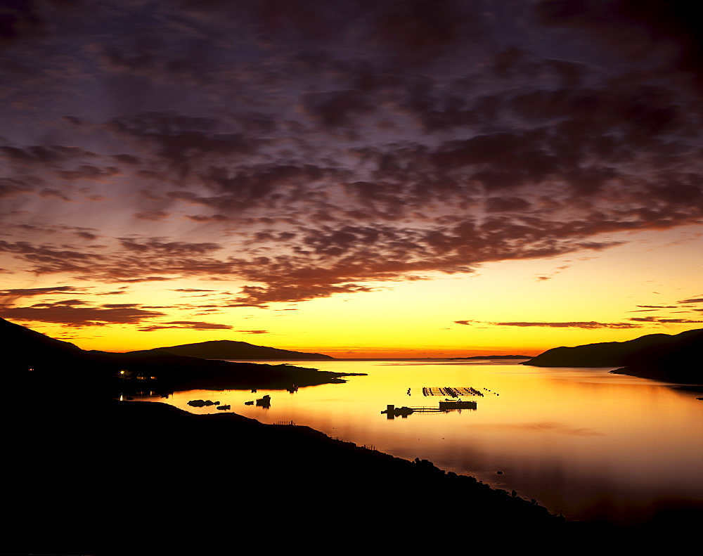 West Loch Tarbert at sunset, North Harris, Outer Hebrides, Scotland, United Kingdom, Europe