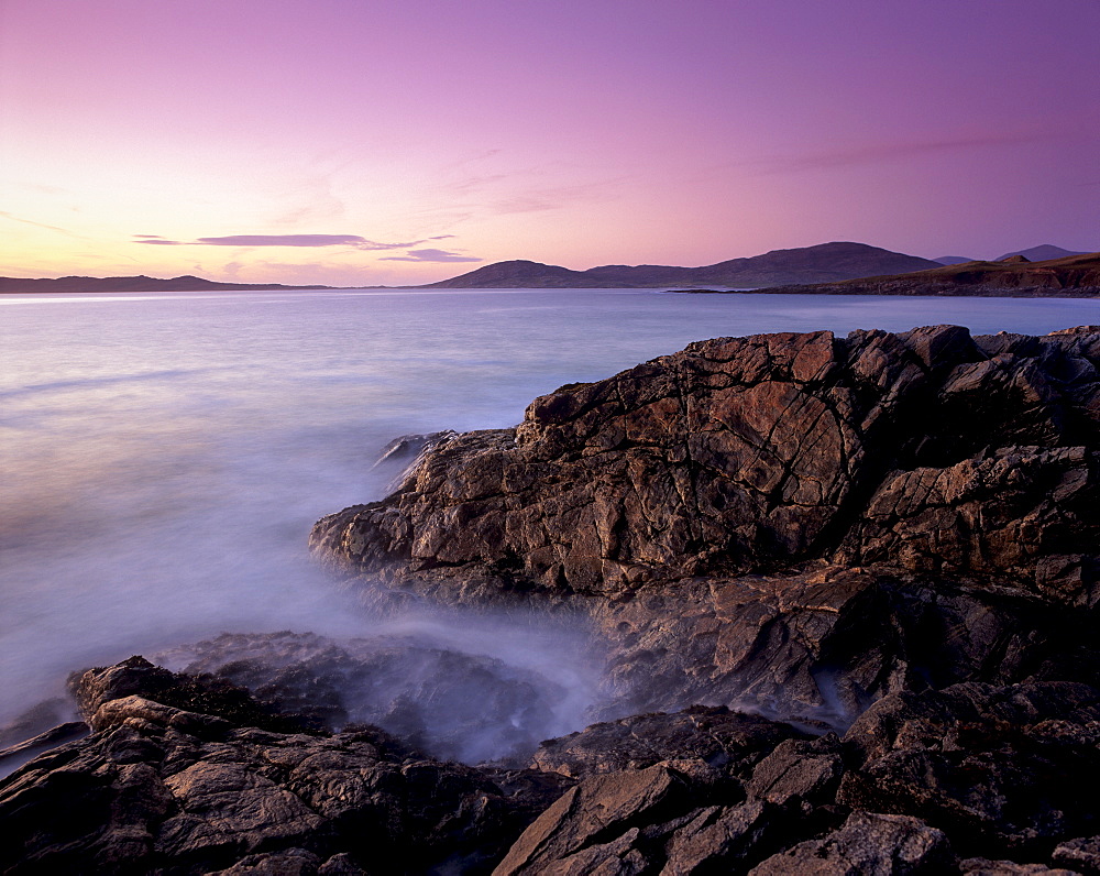 Sunset over Sound of Taransay, west coast of South Harris, Outer Hebrides, Scotland, United Kingdom, Europe