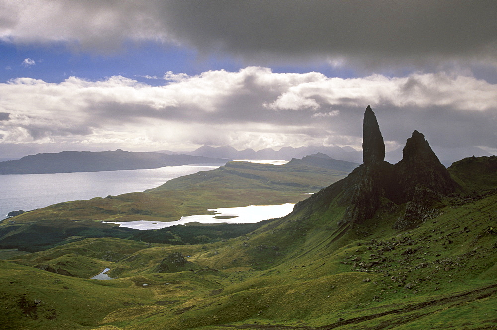 Eerie shape of the Old Man of Storr, overlooking Sound of Raasay, Isle of Skye, Inner Hebrides, Highland region, Scotland, United Kingdom, Europe