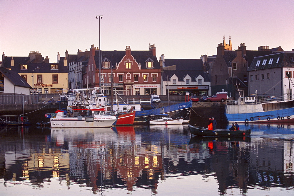 Stornoway (Steornabhagh) harbour at dusk, Isle of Lewis, Outer Hebrides, Scotland, United Kingdom, Europe