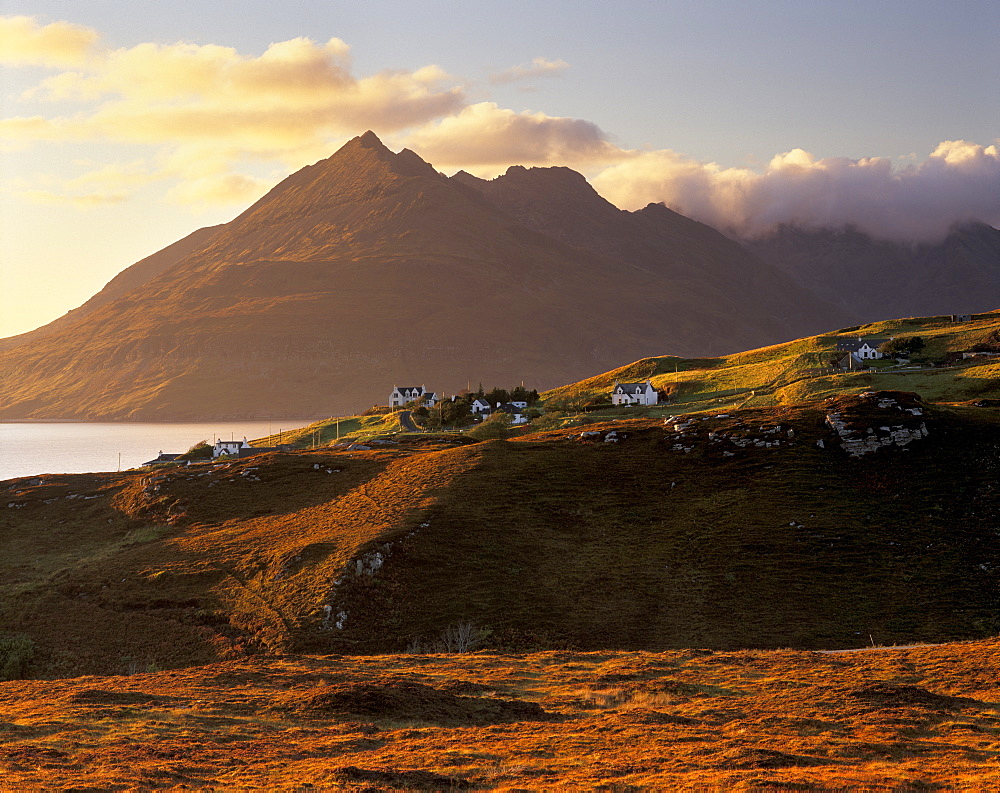 Croftship of Elgol, Loch Scavaig and Cuillin Hills behind, at sunset, Isle of Skye, Inner Hebrides, Scotland, United Kingdom, Europe