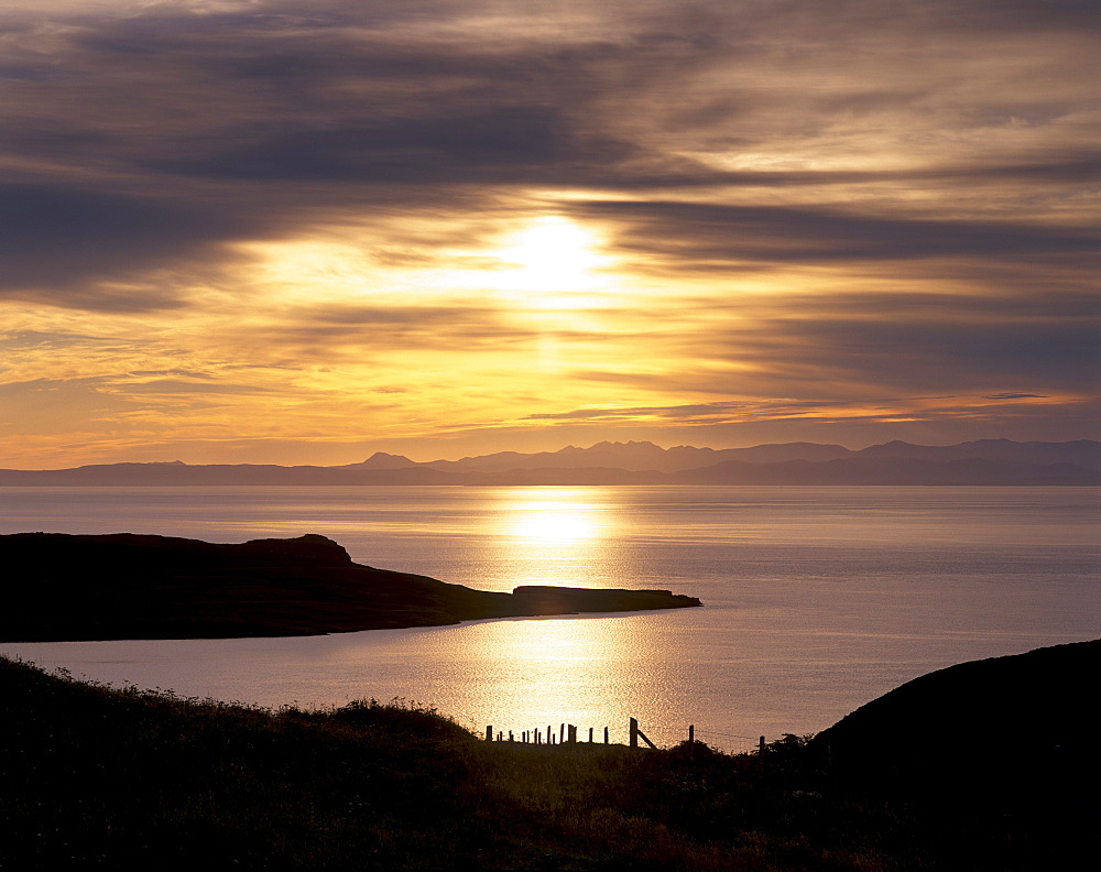 Sunset over Sleat peninsula and Loch Eishort, near Ord, with Cuillin Hills in the distance, Isle of Skye, Inner Hebrides, Scotland, United Kingdom, Europe