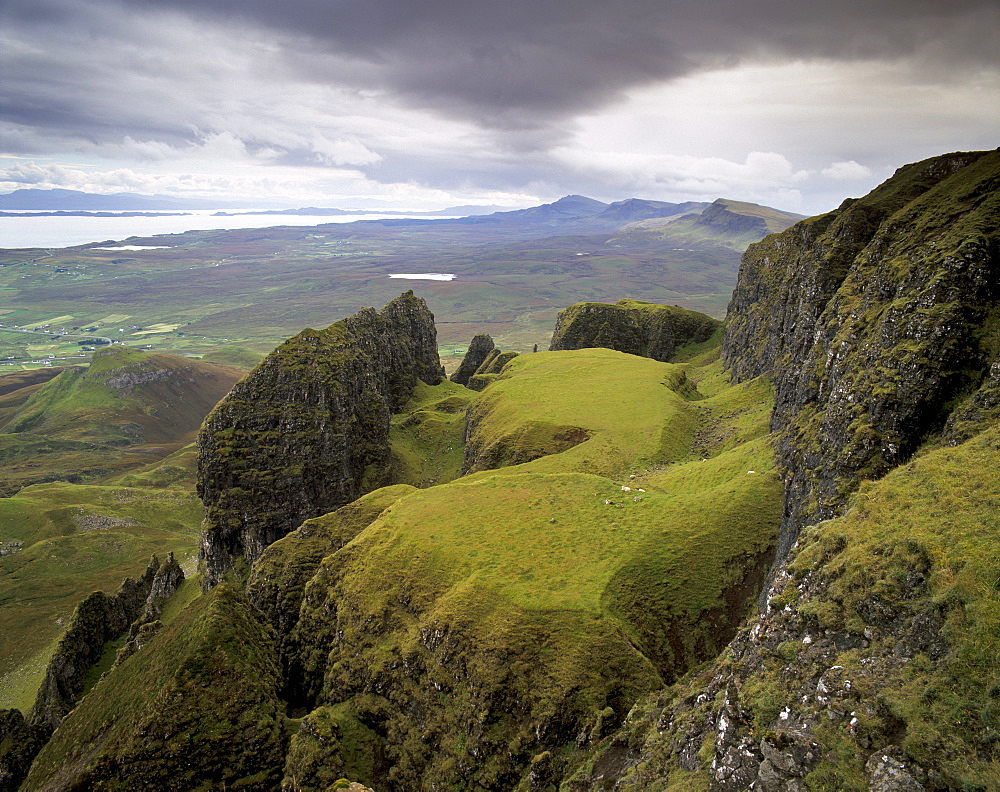 The Quiraing escarpment (The Table) ( The Prison), overlooking the Sound of Raasay, Trotternish, Isle of Skye, Inner Hebrides, Scotland, United Kingdom, Europe