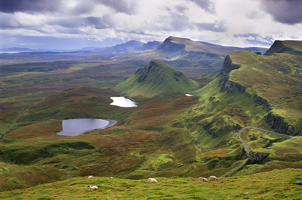 Slopes of the Quiraing, a geological wonder, its distinctive features resulting from landslips of basalt lavas upon softer sedimentary rocks beneath, northeast coast of Trotternish Peninsula, Isle of Skye, Inner Hebrides, Scotland, United Kingdom, Europe