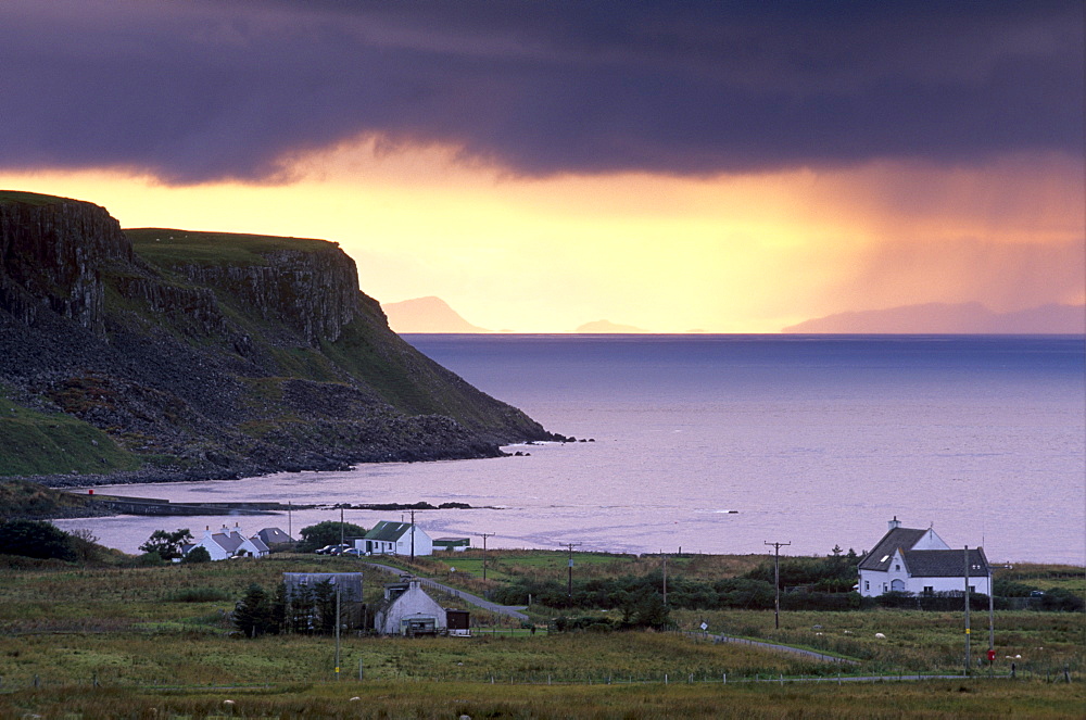 Sunset and stormy weather near Bornesketaig, Trotternish, Isle of Skye, Inner Hebrides, Scotland, United Kingdom, Europe