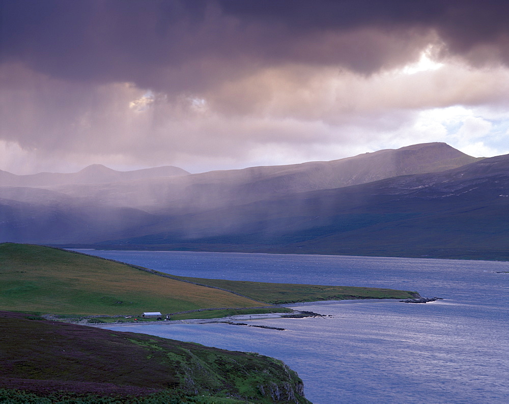 Heavy shower over Loch Broom, near Ullapool, North West Highlands, Highland region, Scotland, United Kingdom, Europe