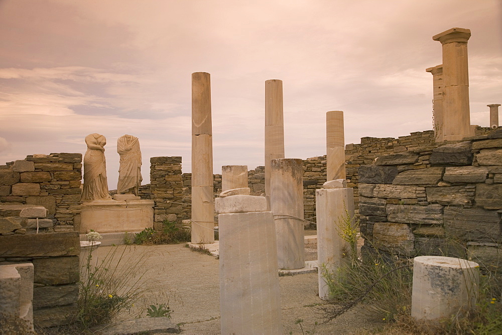 House of Cleopatra and Dioskuridis at archaeological site, Island of Delos, UNESCO World Heritage Site, Cyclades Islands, Greek Islands, Greece, Europe