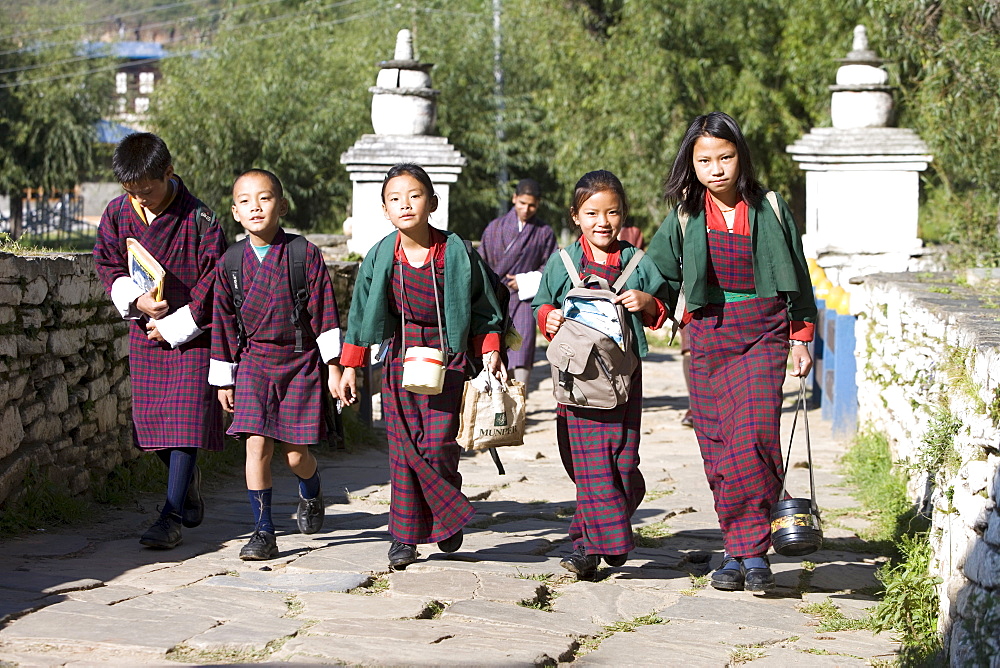 Bhutanese children going to school, Paro, Bhutan, Asia