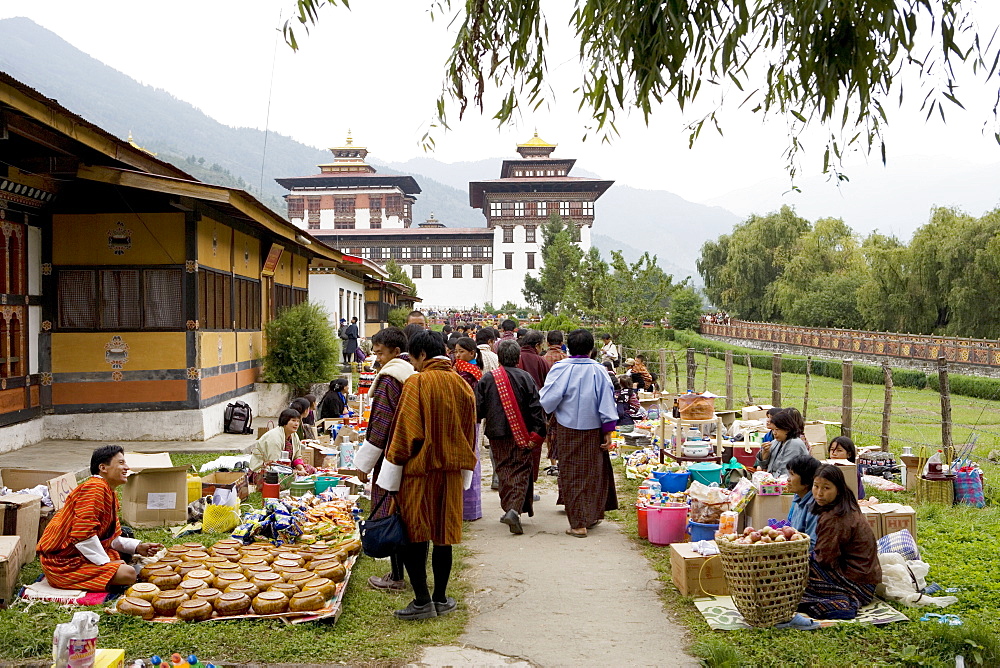 Market during Buddhist festival (Tsechu), Thimphu, Bhutan, Asia