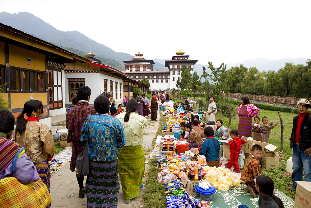 Market during Buddhist festival (Tsechu), Thimphu, Bhutan, Asia