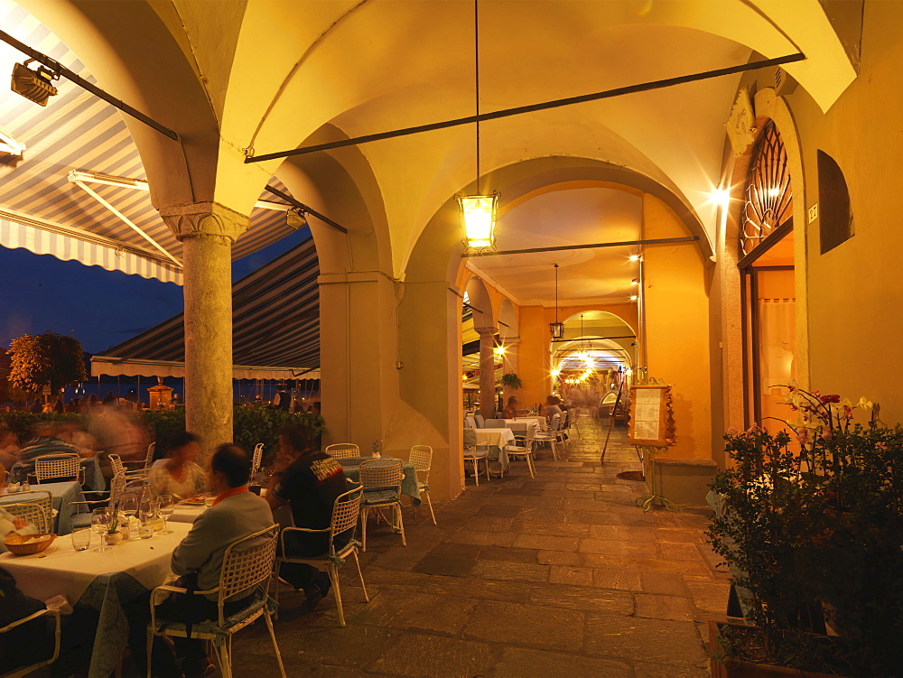 Outdoor restaurants, Cannobio, Lake Maggiore, Italian Lakes, Piedmont, Italy, Europe