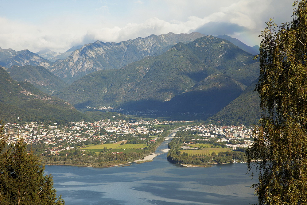 River Maggia and the towns of Ascona and Locarno, Lake Maggiore, Canton Tessin, Switzerland, Europe