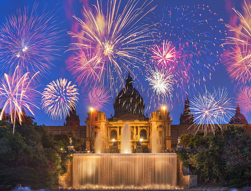 Fireworks, Montjuic, Barcelona, Catalonia, Spain, Europe